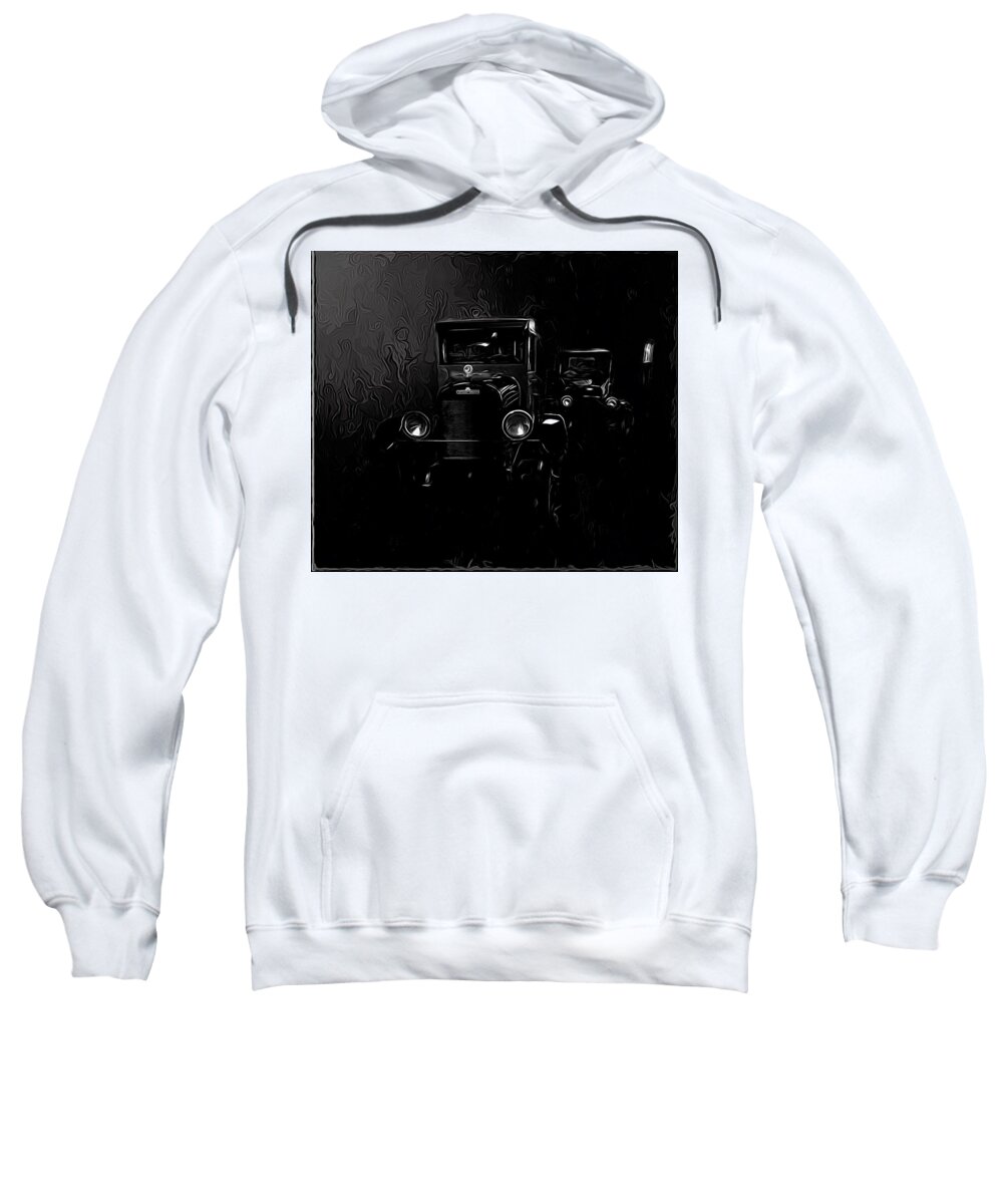 Classic Cars Sweatshirt featuring the mixed media Black And White REO Speedwagon At Night by Joan Stratton