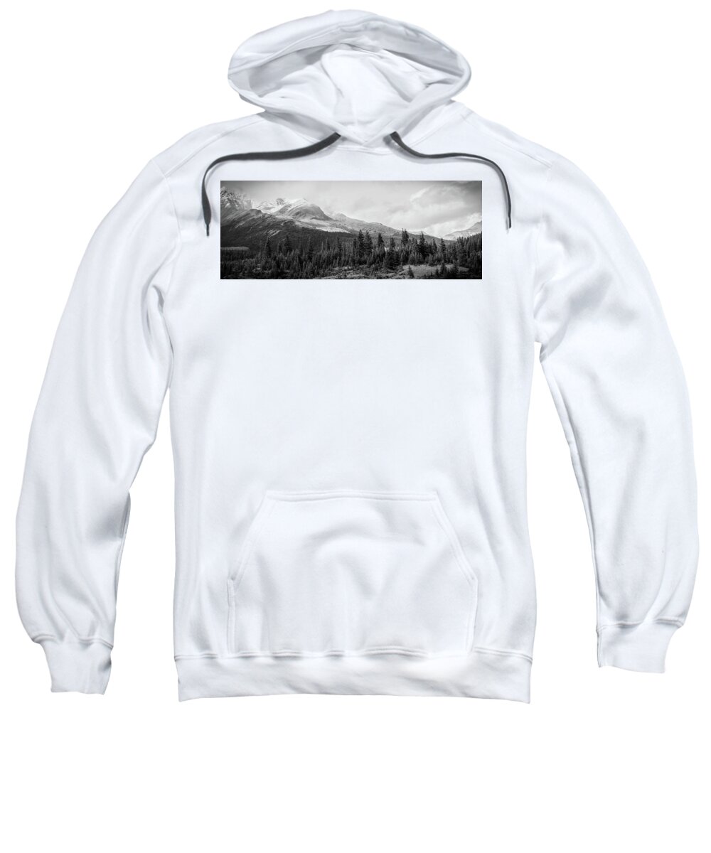Mountain Landscape Panorama Sweatshirt featuring the photograph Canadian Rockies Panorama Black And White by Dan Sproul