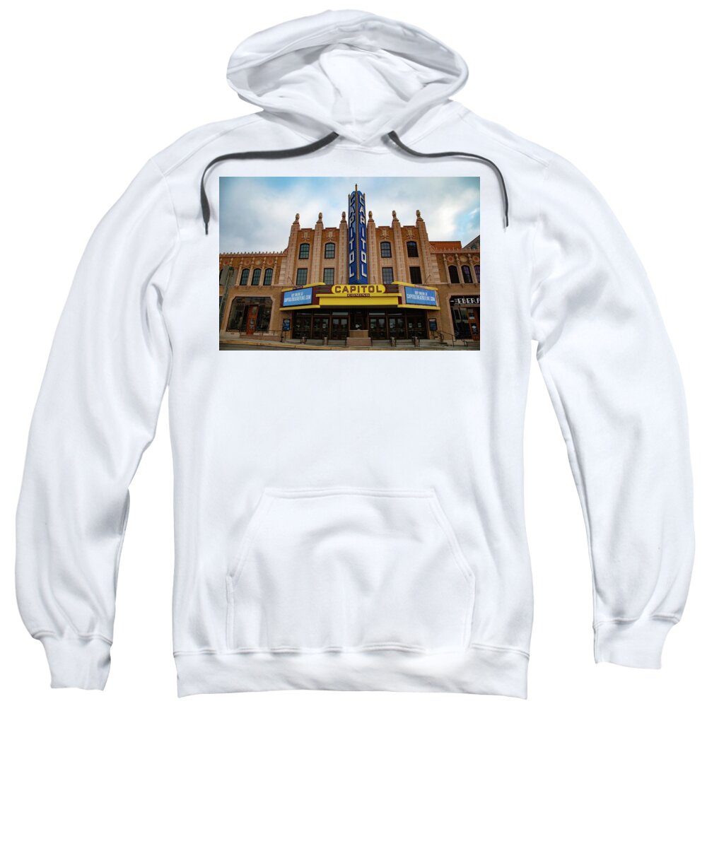 Vintage Movie Theater Sweatshirt featuring the photograph Capitol Movie Theater in Flint Michigan by Eldon McGraw