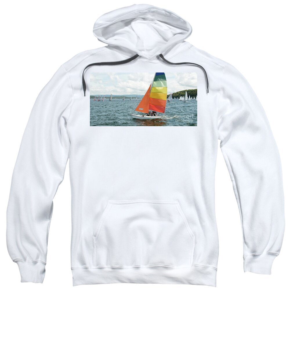 Csne26 Sweatshirt featuring the photograph Childern racing sailing a small catamaran sailboat with colourfu by Geoff Childs