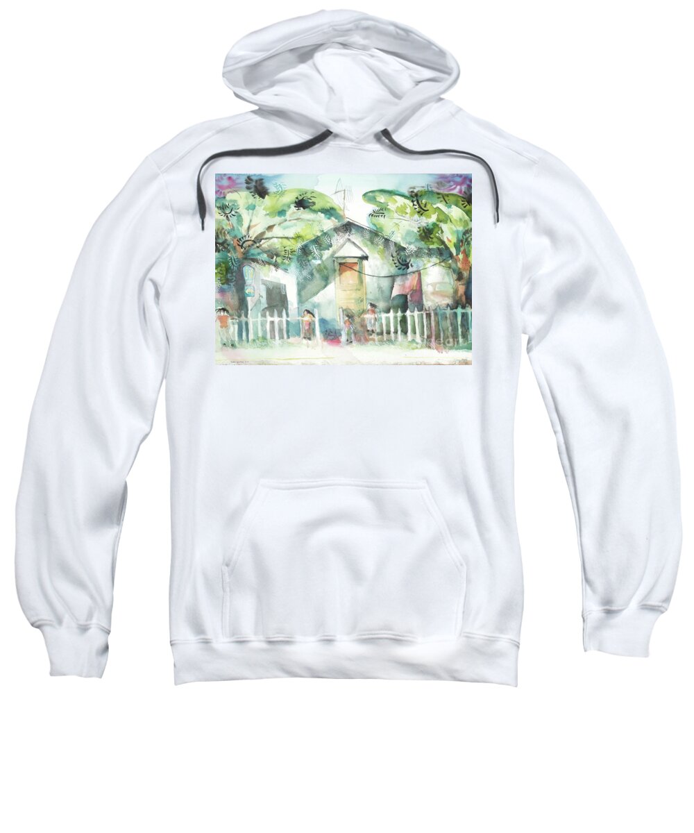 #children #play #childrenatplay #watercolor #watercolorpainting #rural #house #trees #picketfence #fence #door #s14 #southerncalifornia #california #vista #glenneff #neff #thesoundpoetsmusic #picturerockstudio Www.glenneff.com Sweatshirt featuring the painting Children at Play by Glen Neff