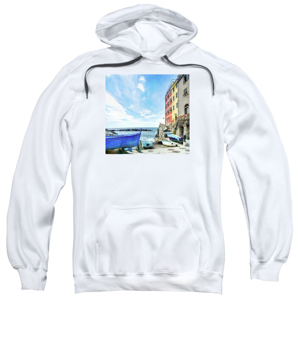 Riomaggiore Sweatshirt featuring the photograph Cinque Terre - little port of Riomaggiore - vintage version by Weston Westmoreland