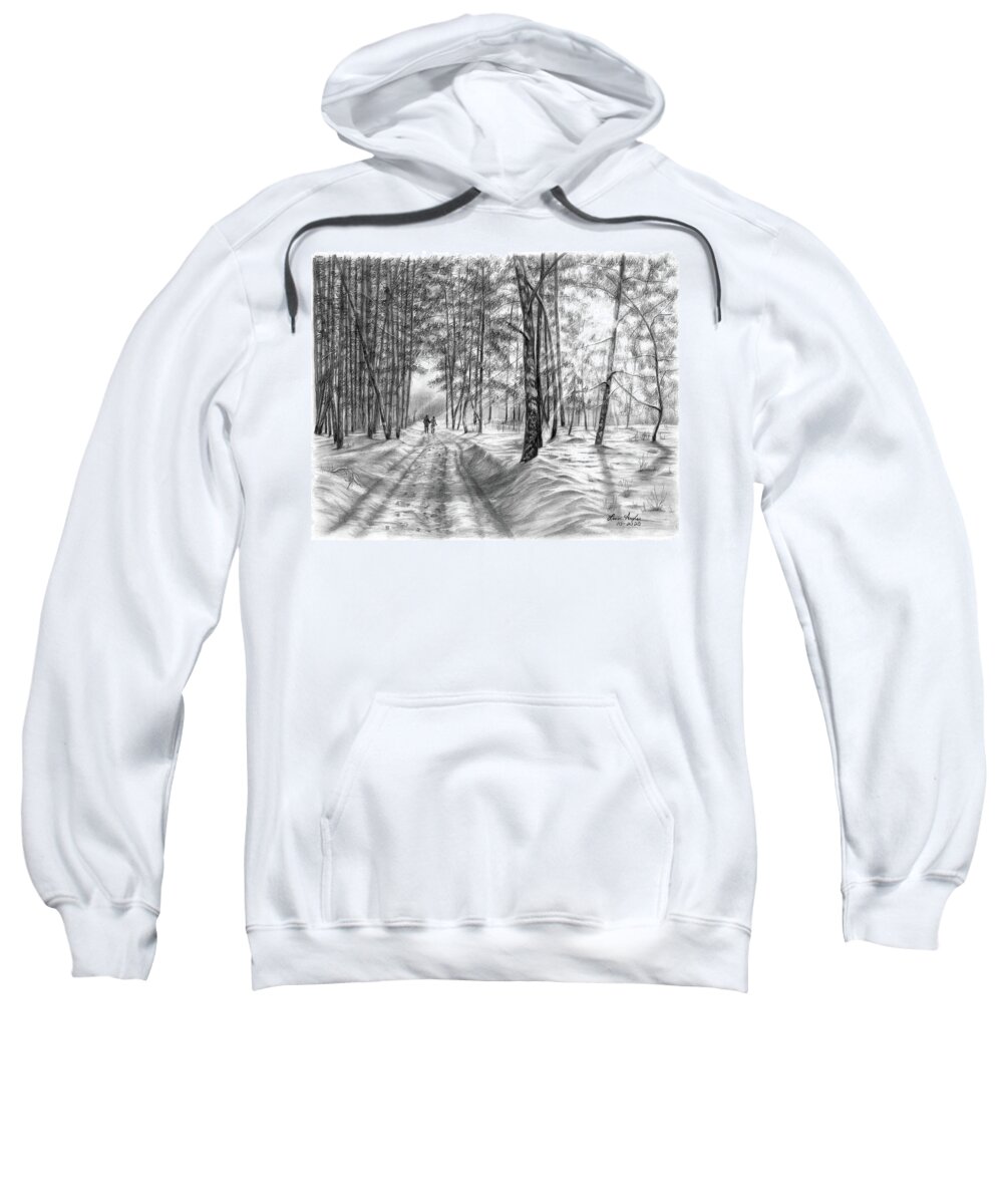 Winter Sweatshirt featuring the drawing Couple Walking on a Road in Winter by Lena Auxier
