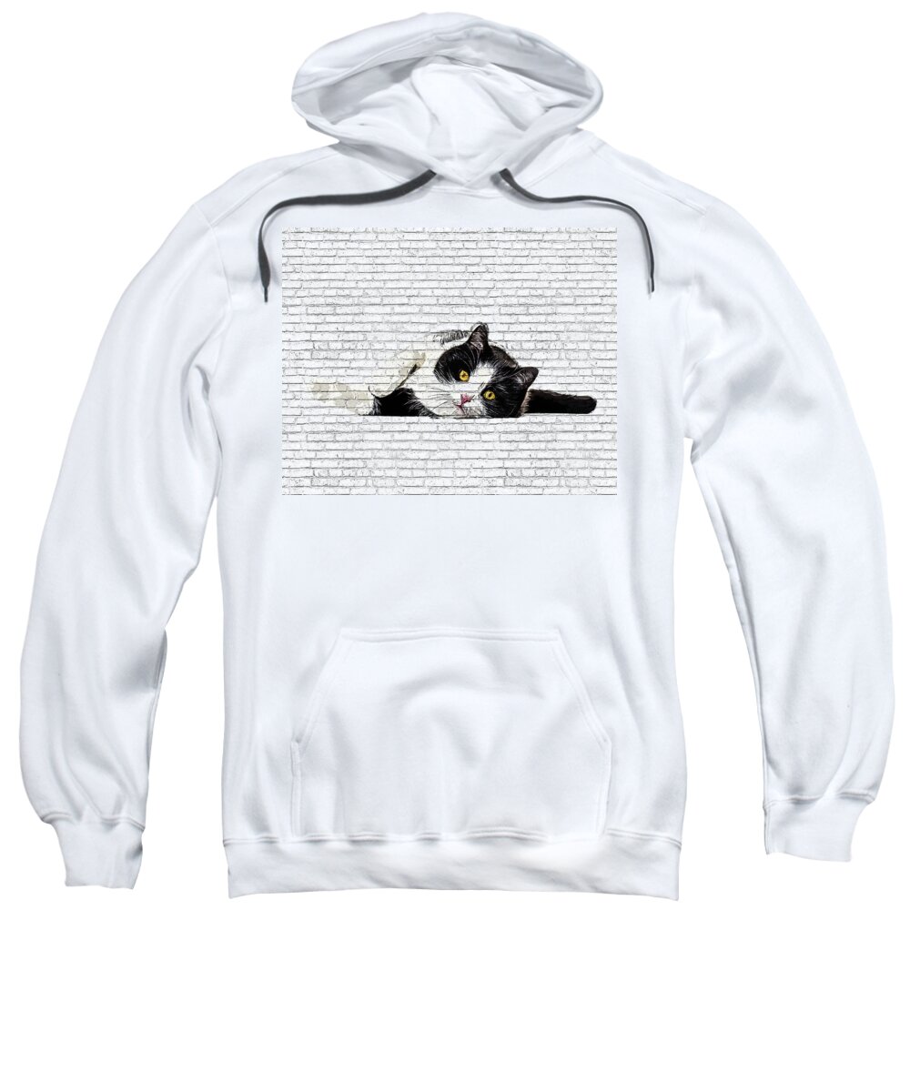 Charming Sweatshirt featuring the painting Cute and Charming, Black and White Cat - Brick Block Background by Custom Pet Portrait Art Studio