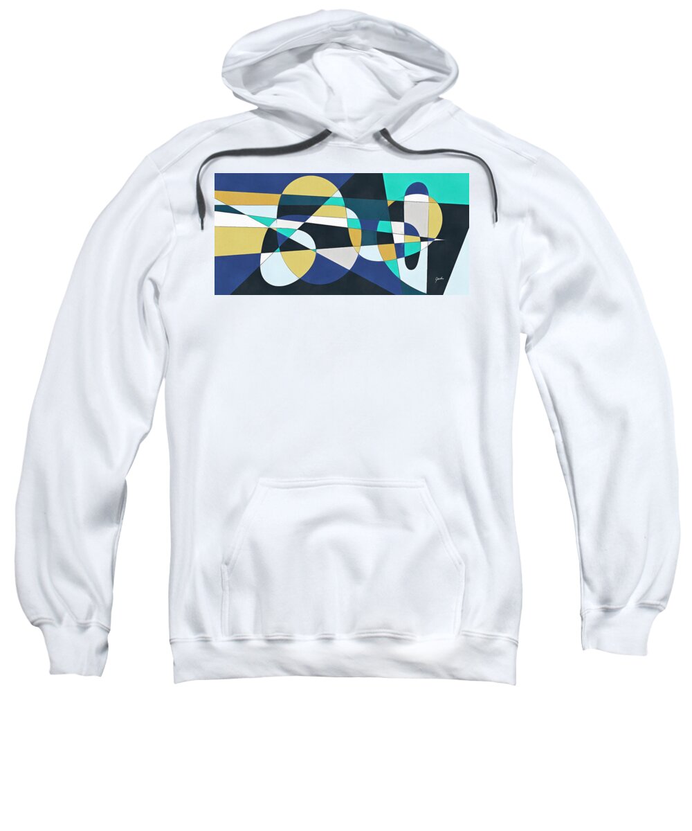 Abstract Sweatshirt featuring the painting Dizzy Moon - Large Modern Blue And Gold Abstract Geometric Painting by iAbstractArt