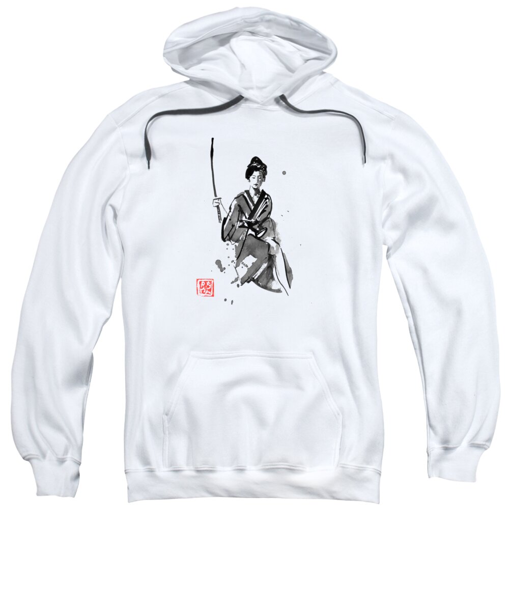 Geisha Sweatshirt featuring the drawing Geisha And Katana by Pechane Sumie