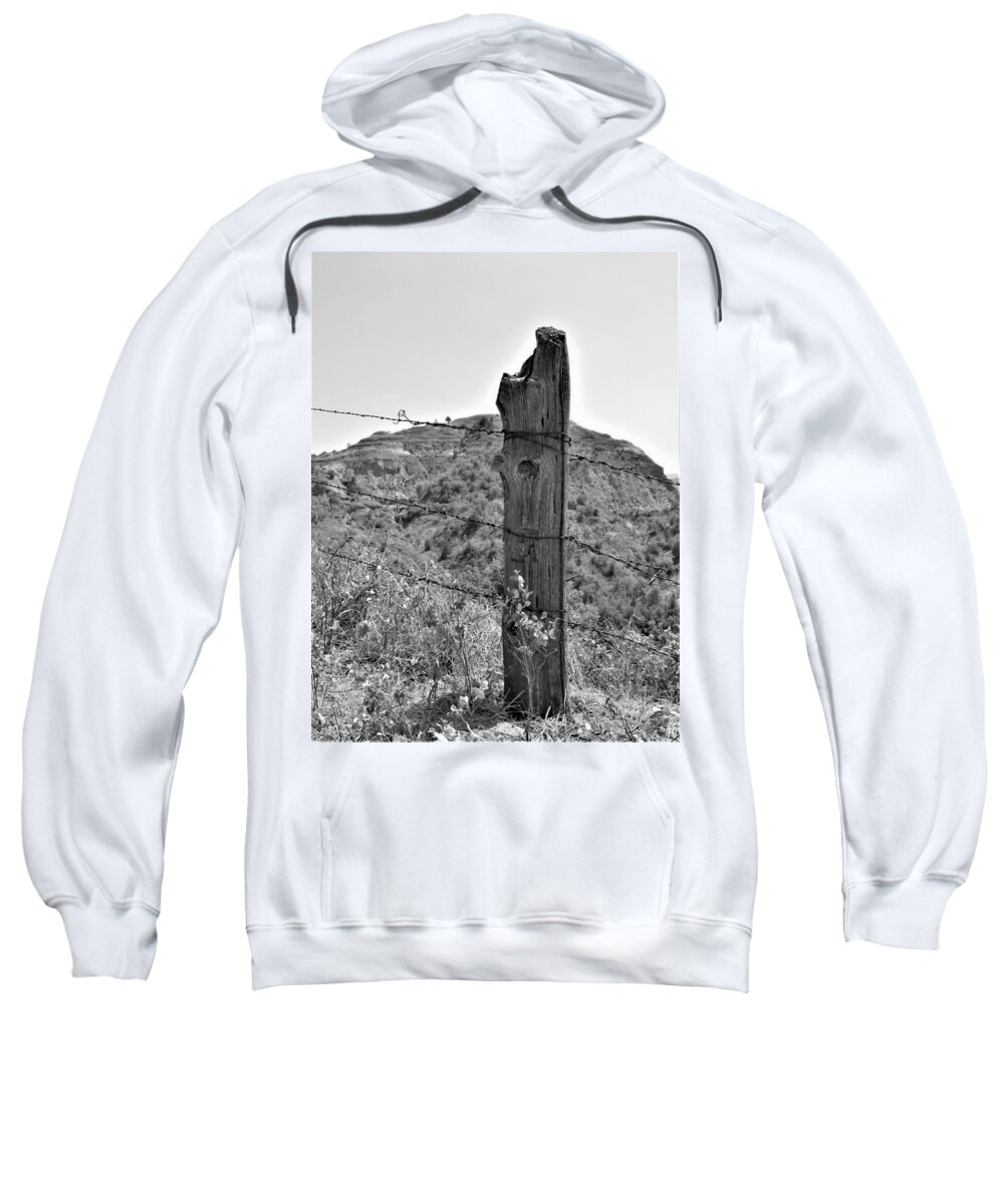 Fence Post Sweatshirt featuring the photograph Grandfather's Post in Black and White by Amanda R Wright