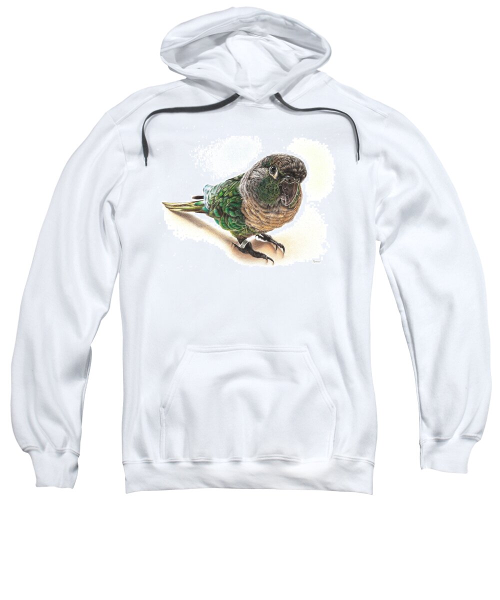 Parrot Sweatshirt featuring the drawing Green Cheek Conure by Casey 'Remrov' Vormer