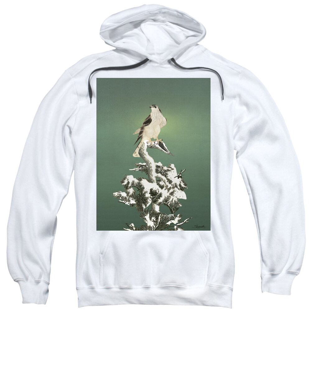Hawk Sweatshirt featuring the digital art Hawk in Snowy Pine by M Spadecaller