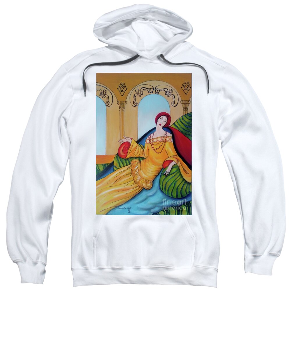 Lady Sweatshirt featuring the painting Lady in Pillows by Leonida Arte