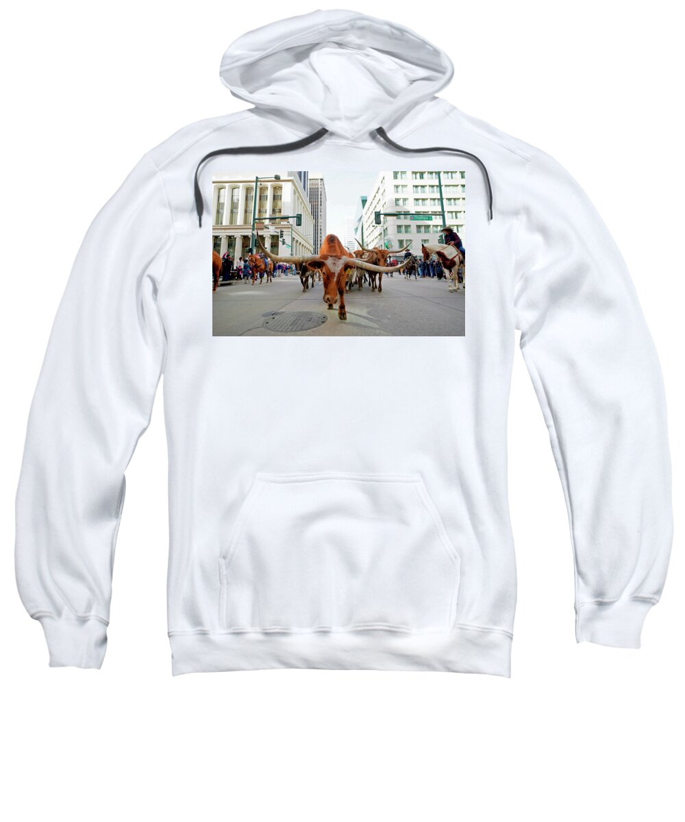 Human Interest Sweatshirt featuring the photograph Longhorn Steer in downtown Denver by Rick Wilking