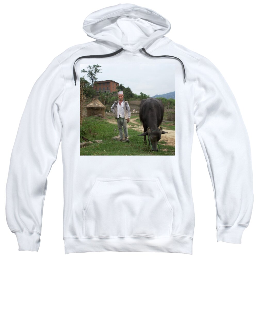 Nepal Sweatshirt featuring the photograph Man and Water Buffalo by Joseph Philipson