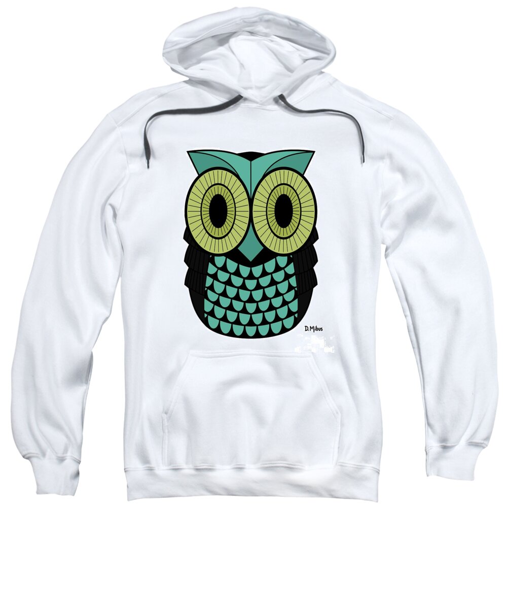 Owl Sweatshirt featuring the digital art Mid Century Owl in Teal and Green by Donna Mibus