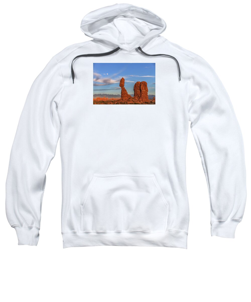 Arches National Park Sweatshirt featuring the photograph Moonrise at Sunset - Balanced Rock by Dan Norris