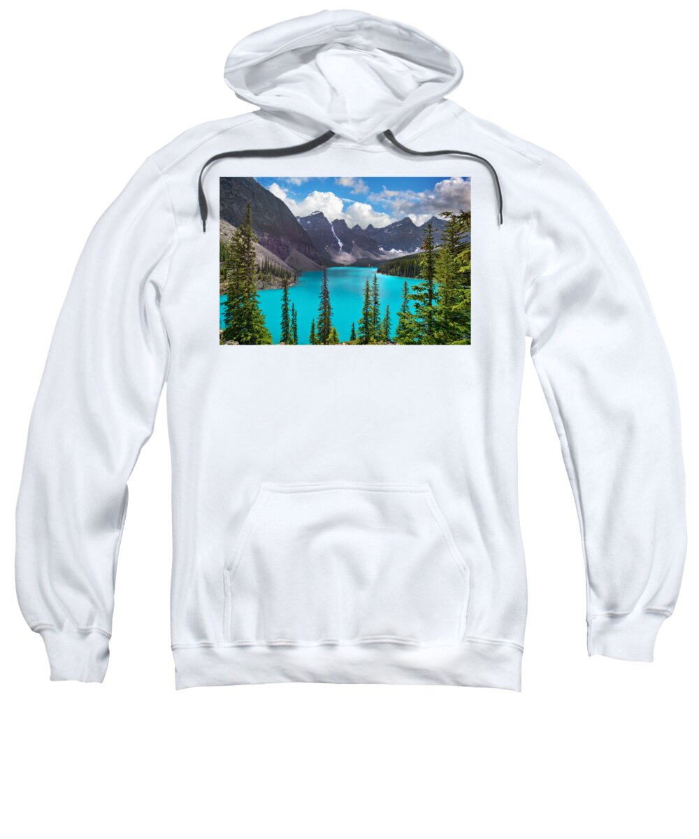 Moraine Sweatshirt featuring the photograph Moraine lake, Banff National Park by Delphimages Photo Creations