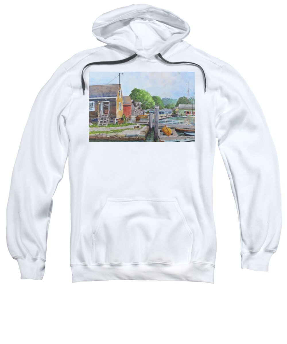 Mystic Seaport Sweatshirt featuring the painting Mystic Seaport Boathouse by Patty Kay Hall