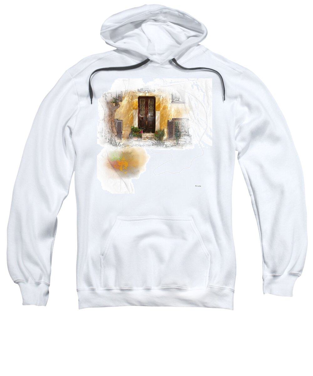 Golden Sweatshirt featuring the mixed media Oasis An Urban Courtyard by Moira Law