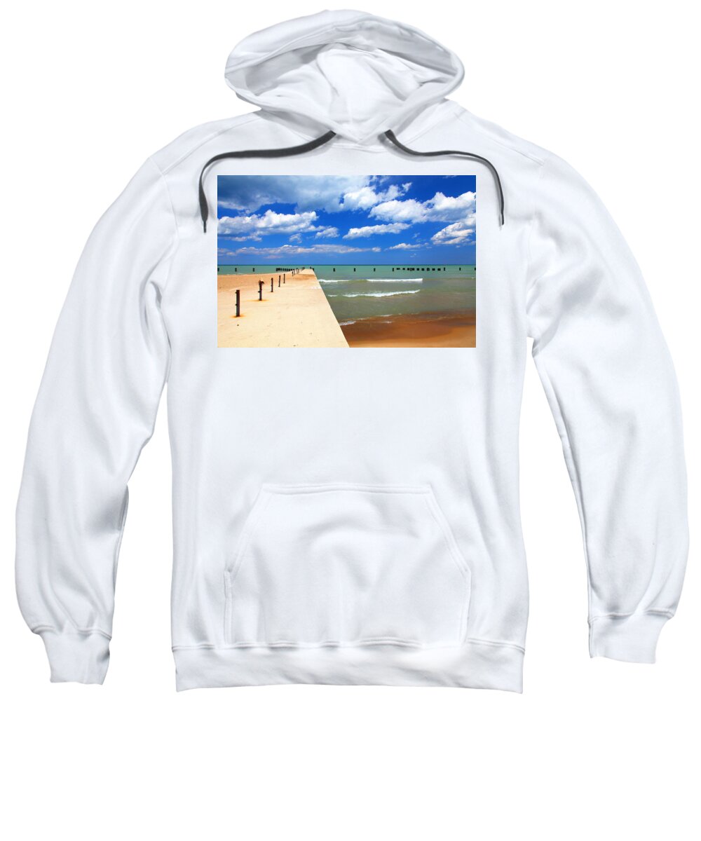 Landscape Sweatshirt featuring the photograph Pier Blue Sky Clouds Lake North Avenue Beach by Patrick Malon