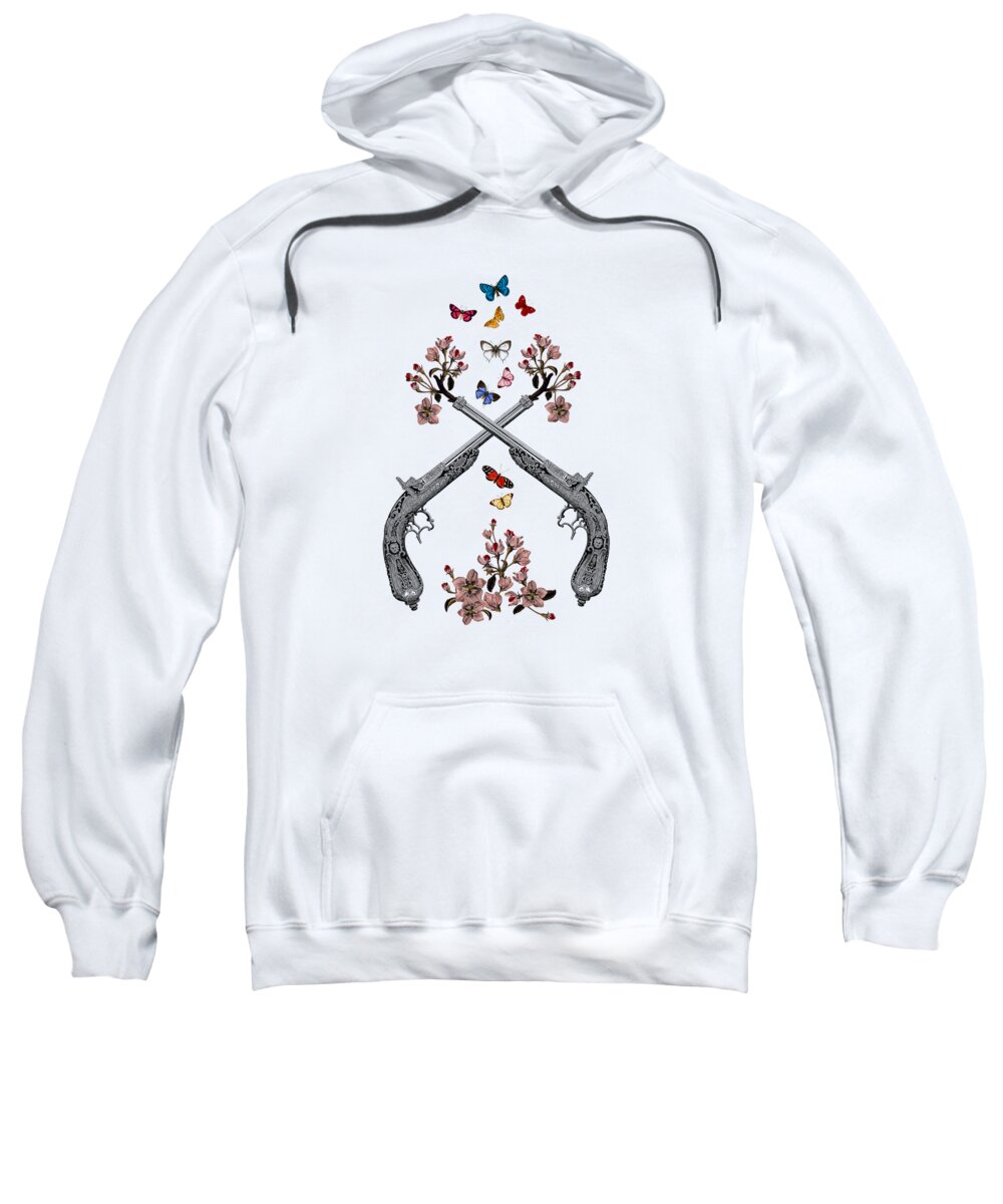 Gun Sweatshirt featuring the digital art Pistols With Flowers And Butterflies by Madame Memento
