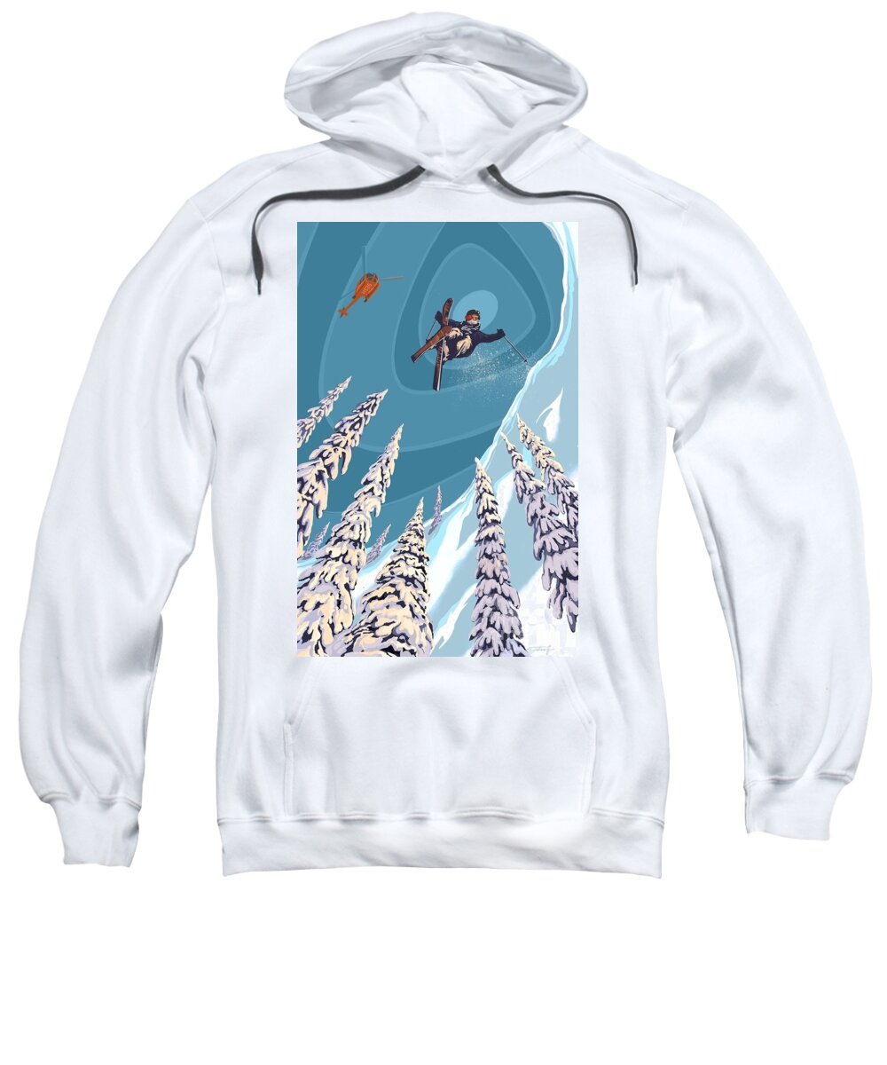 Retro Ski Art Sweatshirt featuring the painting Retro Ski Jumper Heli Ski by Sassan Filsoof
