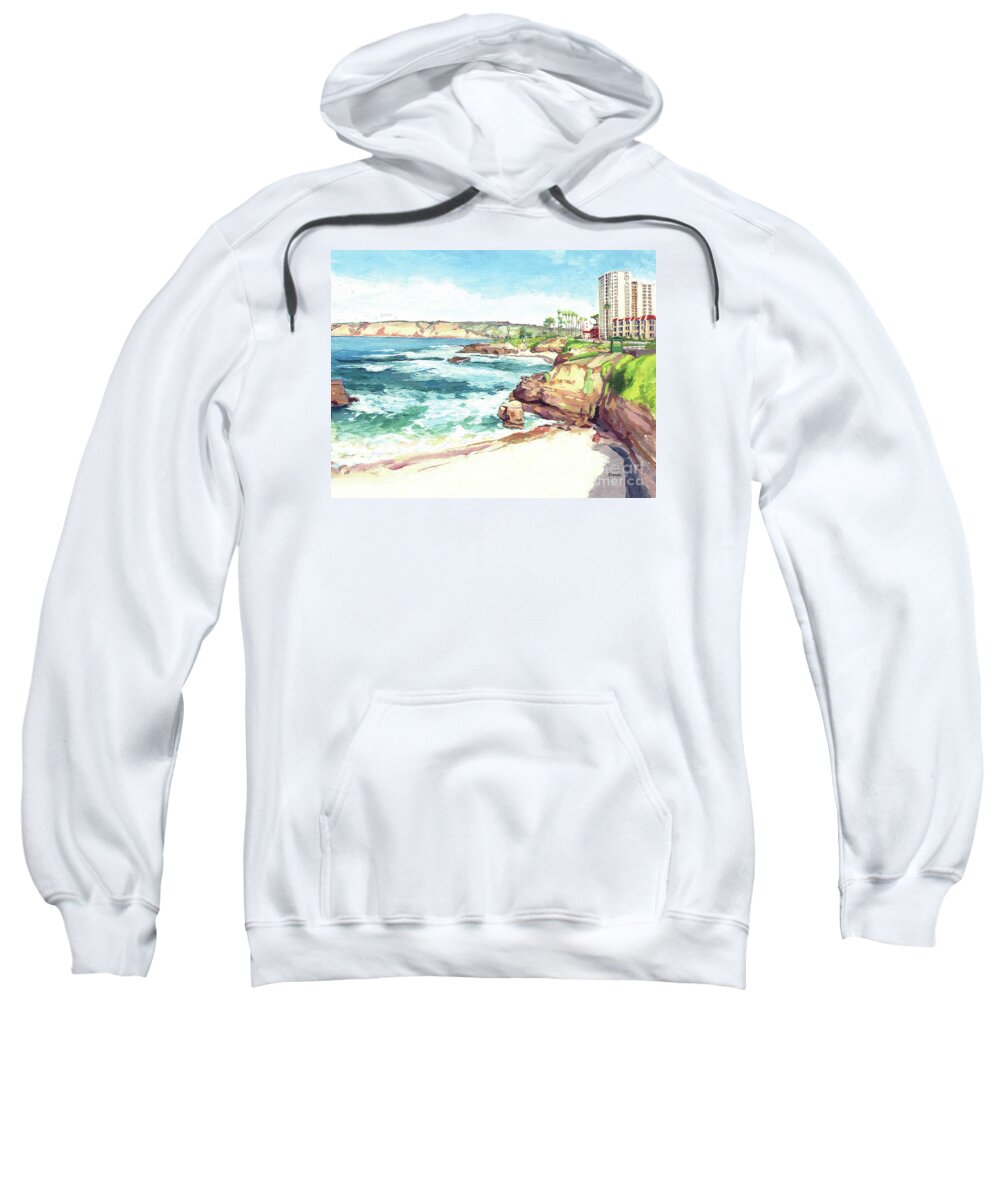 La Jolla Sweatshirt featuring the painting Shoreline Children's Pool 939 Building La Jolla San Diego California by Paul Strahm