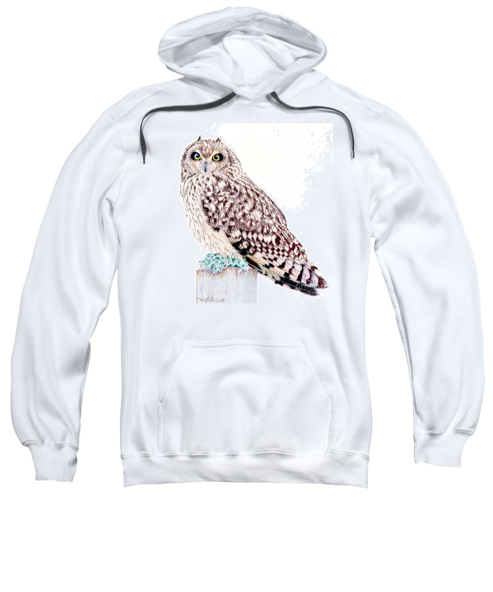 Short-eared Owl Sweatshirt featuring the mixed media Short-eared Owl, mixed media. by Tony Mills