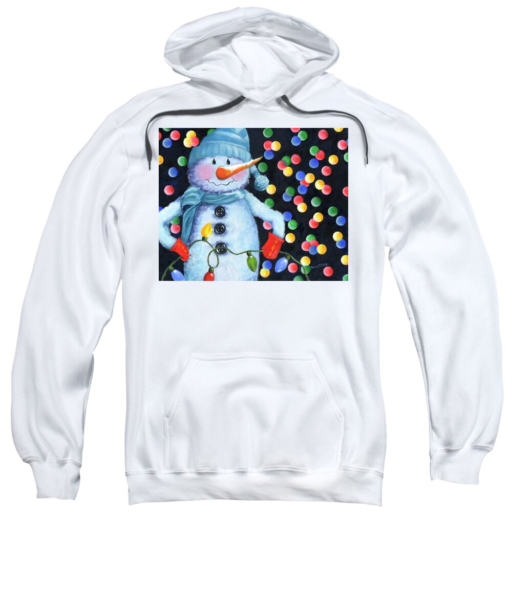 Snowman Sweatshirt featuring the painting Snowie with Twinkling Lights by Donna Tucker