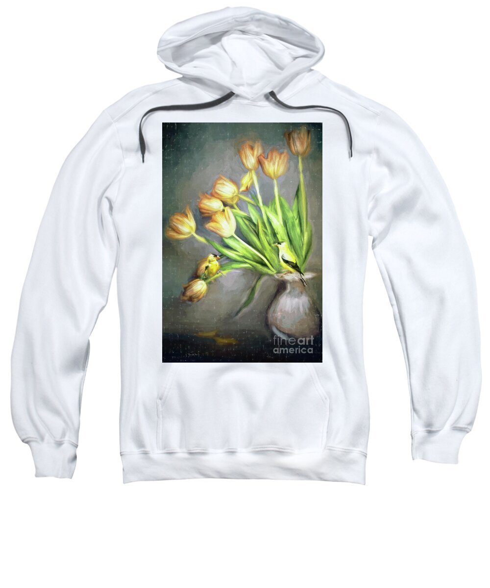 American Goldfinches Sweatshirt featuring the painting Sweet Goldfinches by Tina LeCour