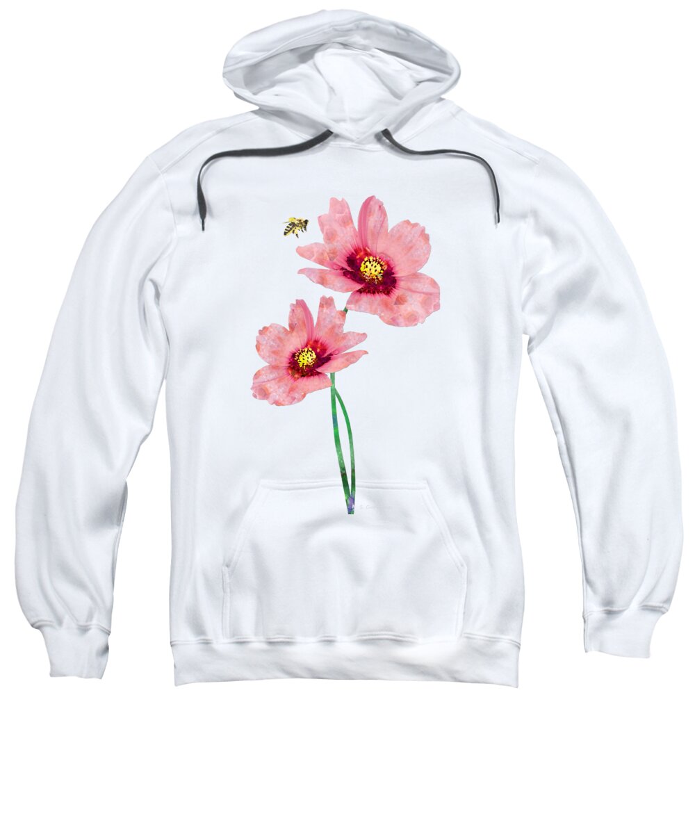 Pink Sweatshirt featuring the painting Sweet Nectar - Honey Bee Cosmos Flower Art by Sharon Cummings