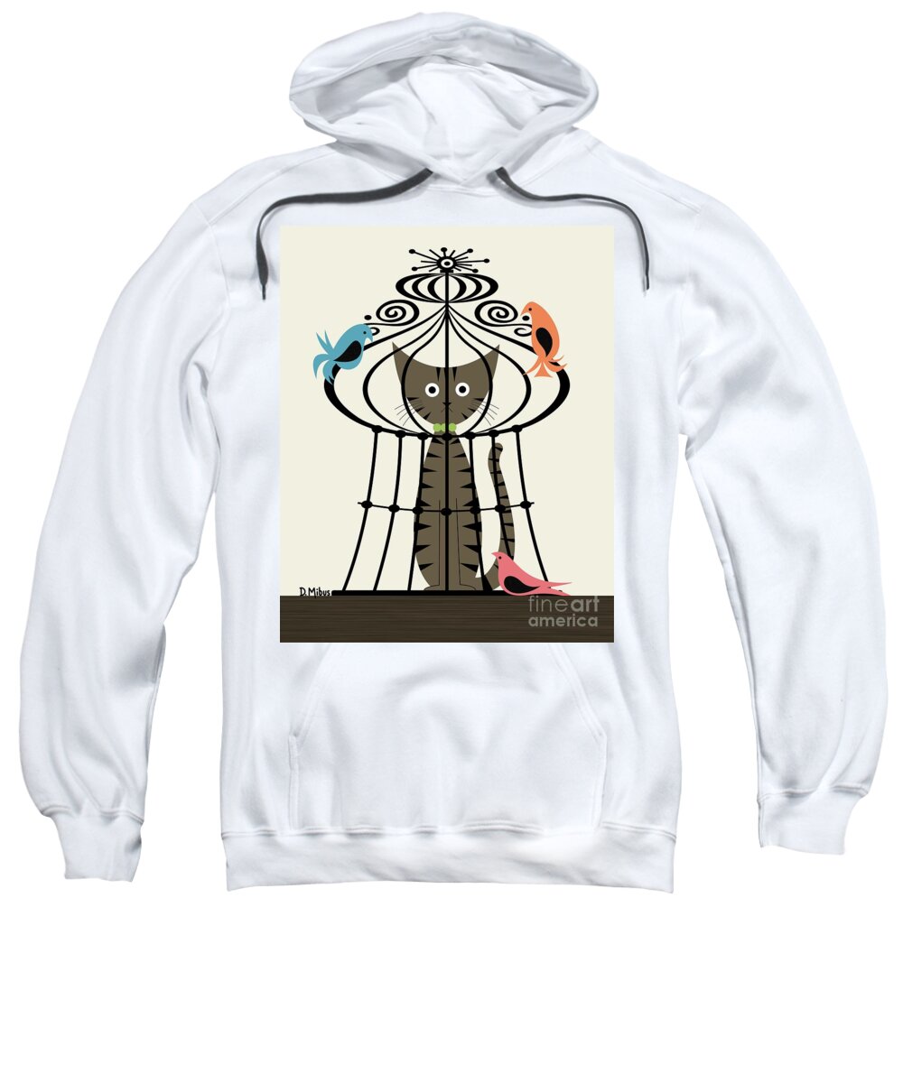 Mid Century Cat Sweatshirt featuring the digital art Tabby Cat in Bird Cage by Donna Mibus