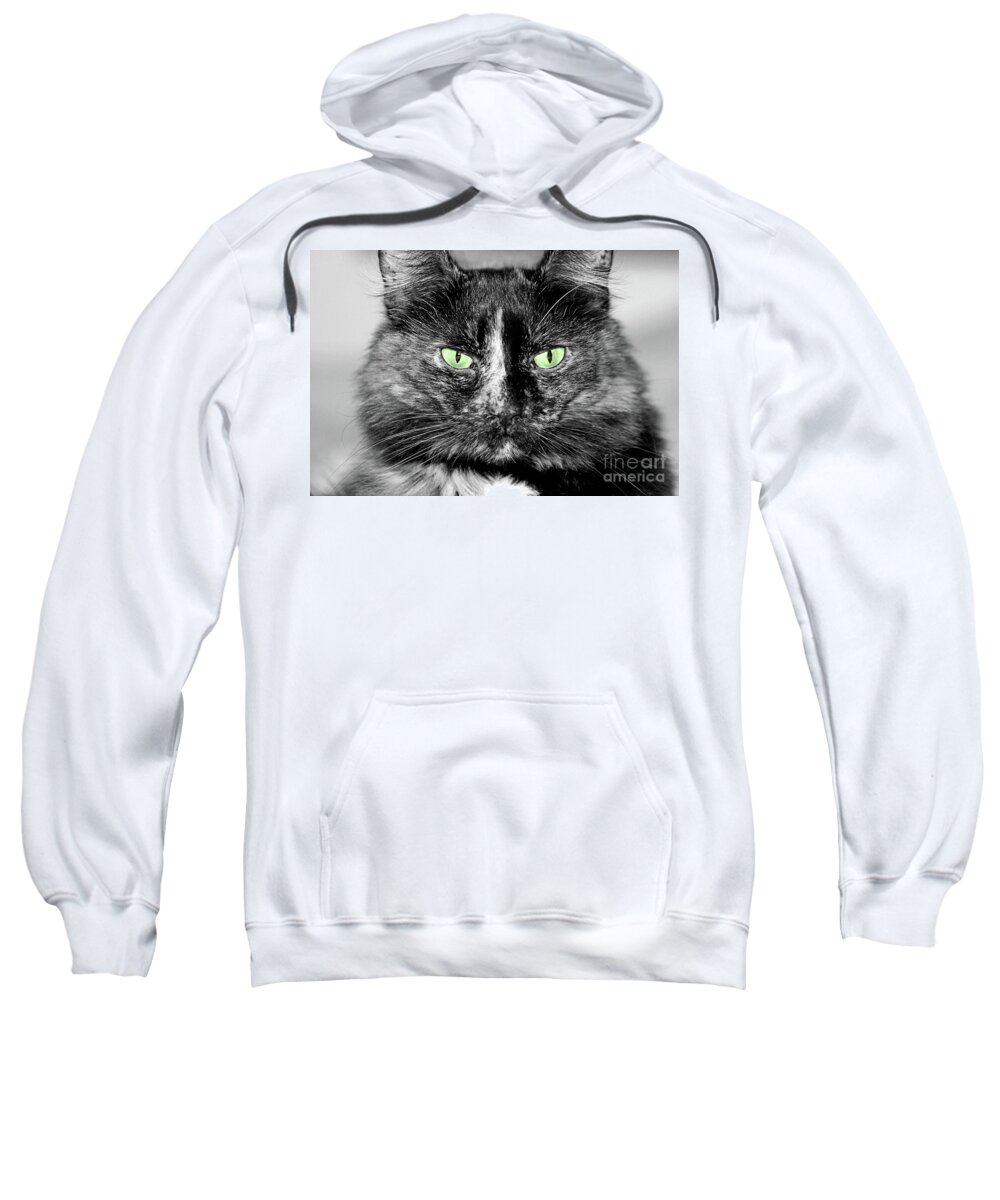 Cat; Torti; Tortoiseshell; Torti Cat; Tortoiseshell Cat; Stare; Eyes; Attitude; Catitude; Tortitude; Black And White; Green; Selective Color; Photography; Macro; Close-up; Portrait; Horizontal Sweatshirt featuring the digital art Tortitude with Green Eyes by Tina Uihlein