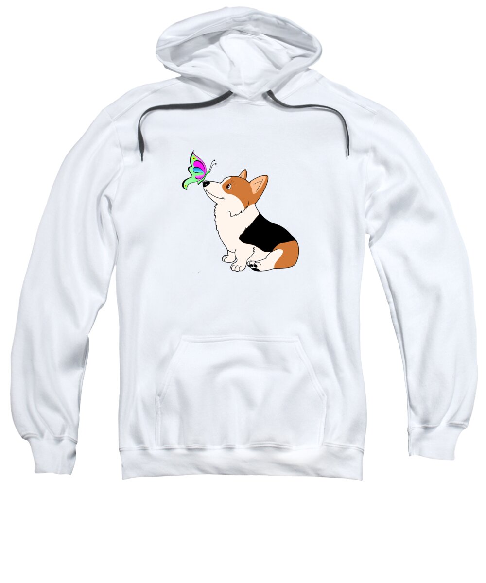 Welsh Corgi Sweatshirt featuring the digital art Tricolor Corgi with Butterfly by Kathy Kelly