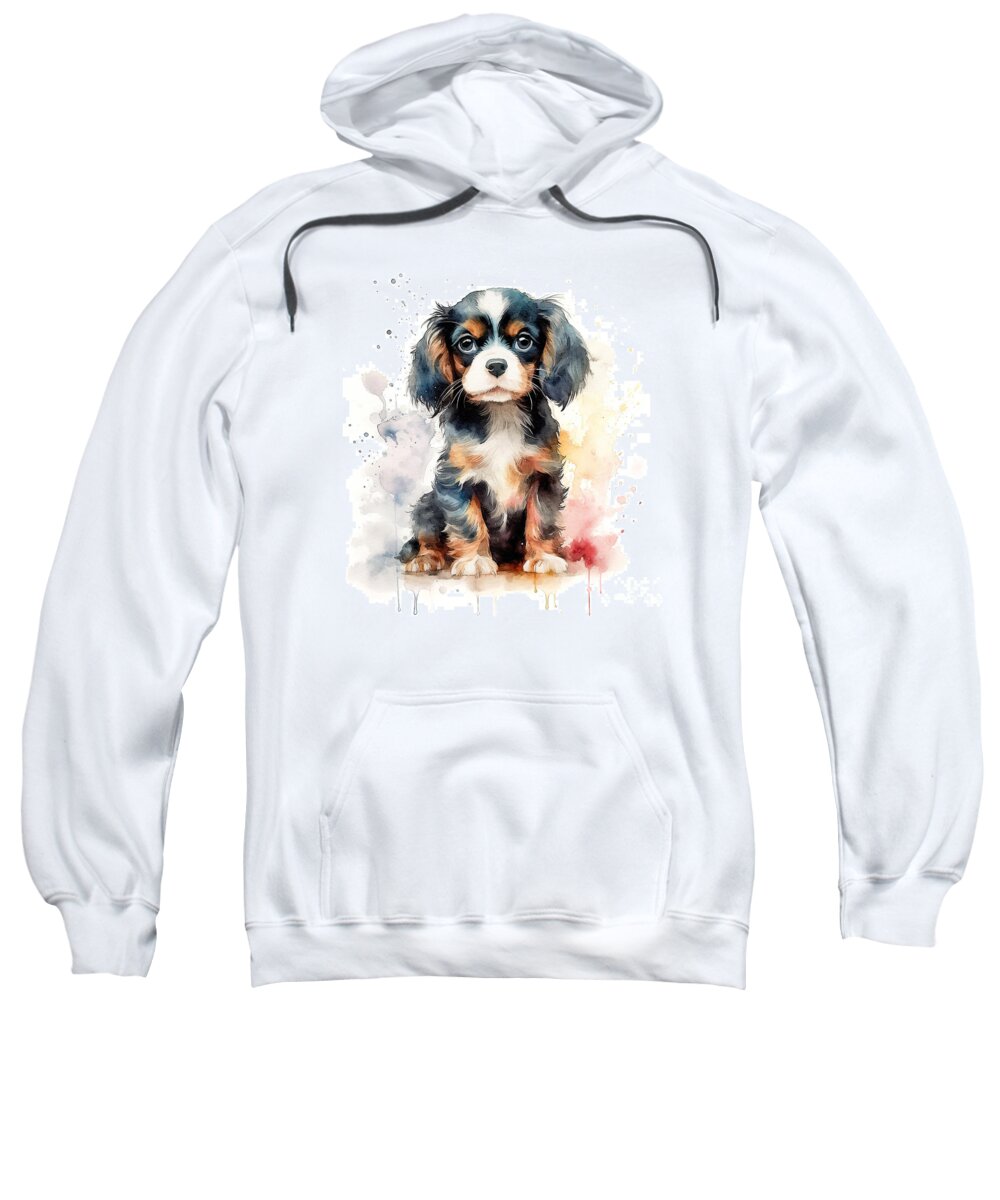 Cavalier King Charles Spaniel Sweatshirt featuring the digital art Tricolour Cavalier King Charles spaniel puppy on a white background. Cute digital watercolour for dog lovers. by Jane Rix