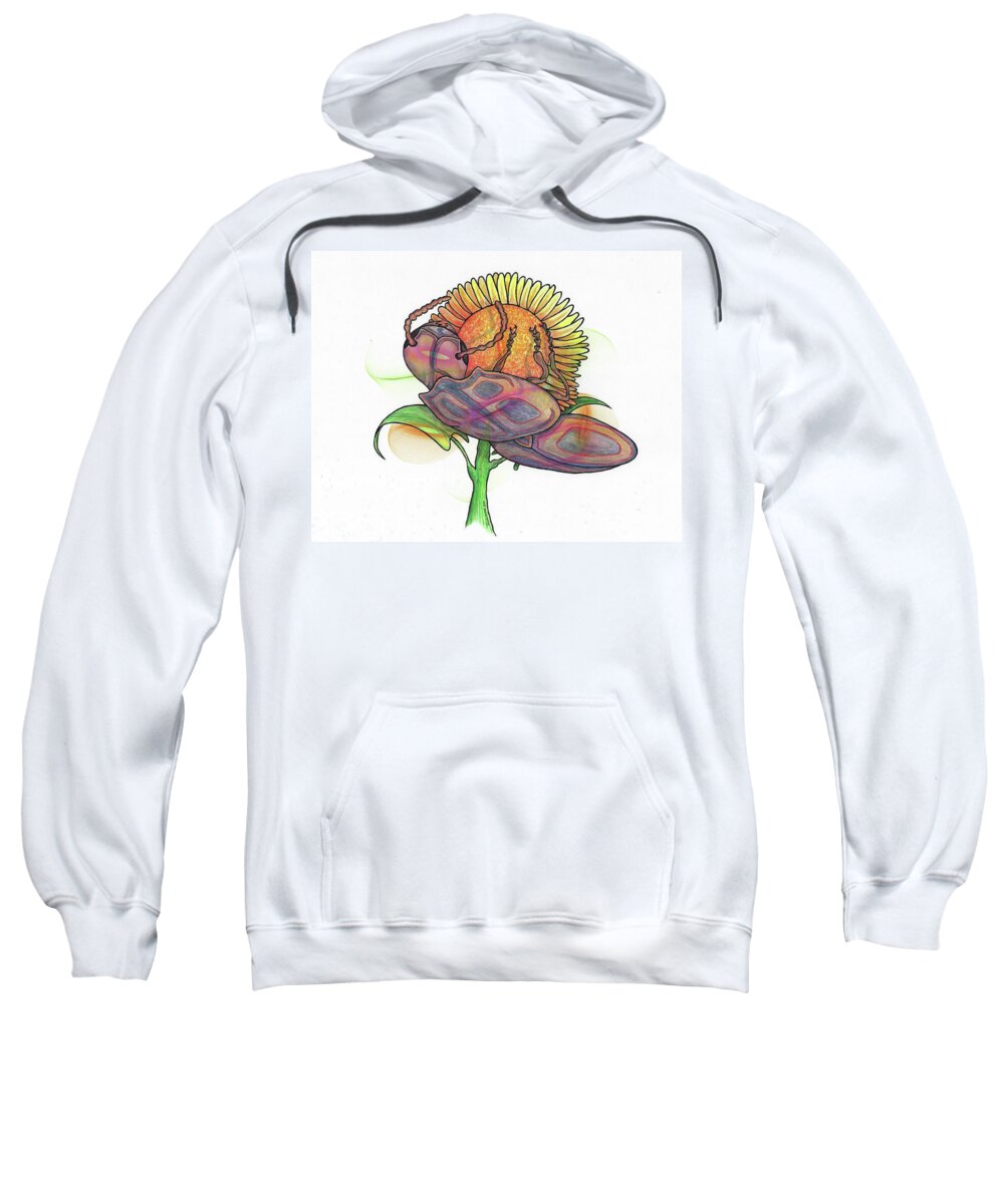 Sunflower Sweatshirt featuring the mixed media Very Large Beetle on Sunflower by Teresamarie Yawn