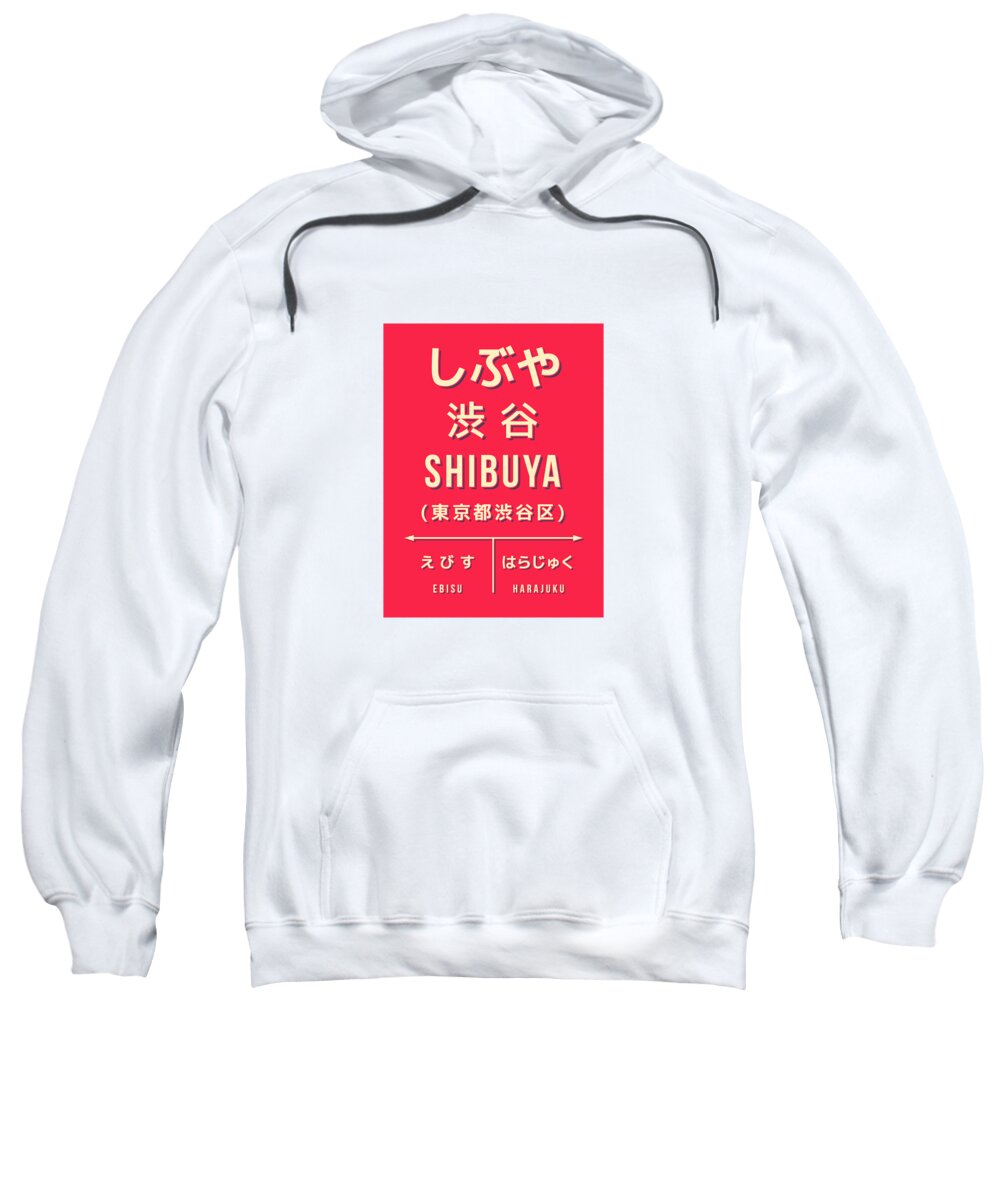 Japan Sweatshirt featuring the digital art Vintage Japan Train Station Sign - Shibuya Red by Organic Synthesis