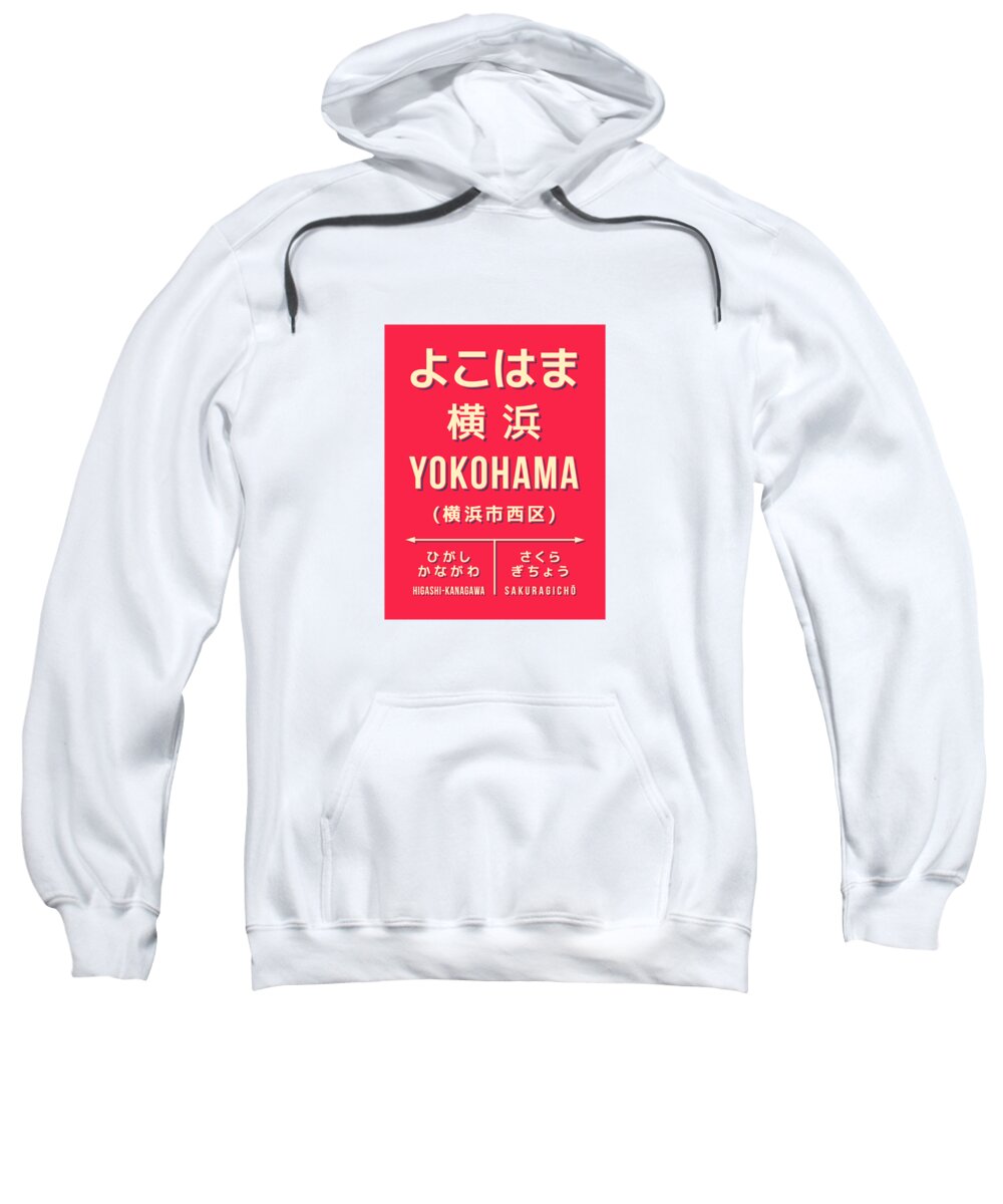 Japan Sweatshirt featuring the digital art Vintage Japan Train Station Sign - Yokohama Red by Organic Synthesis