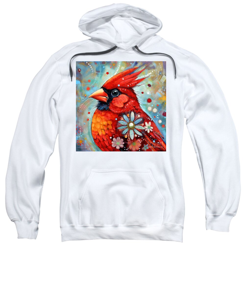 Nothern Cardinal Sweatshirt featuring the painting Whimsical Spring Cardinal by Tina LeCour