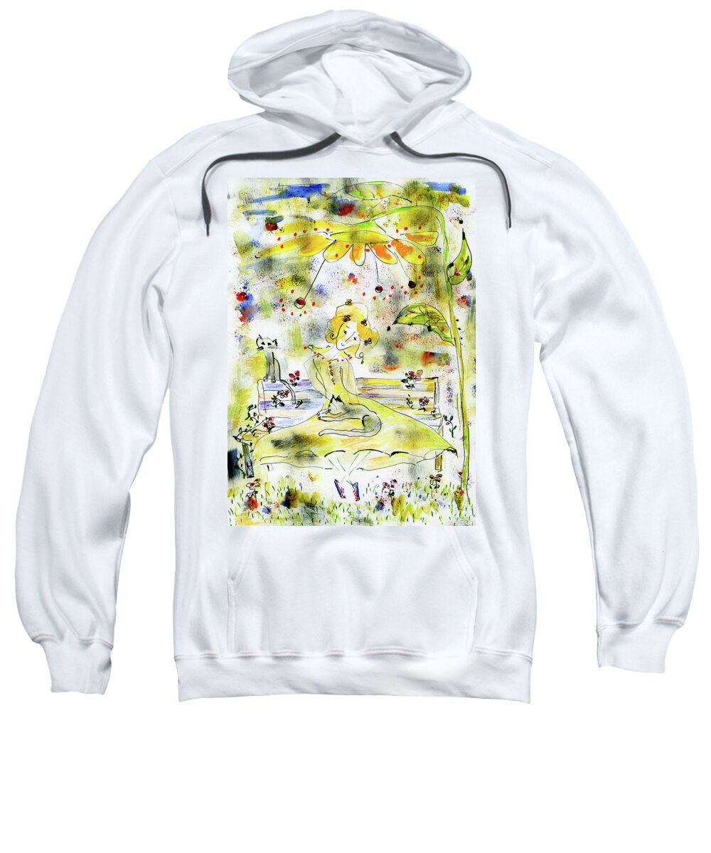 Woman Sweatshirt featuring the painting Woman with two cats in the park by Ekaterina Yakovina