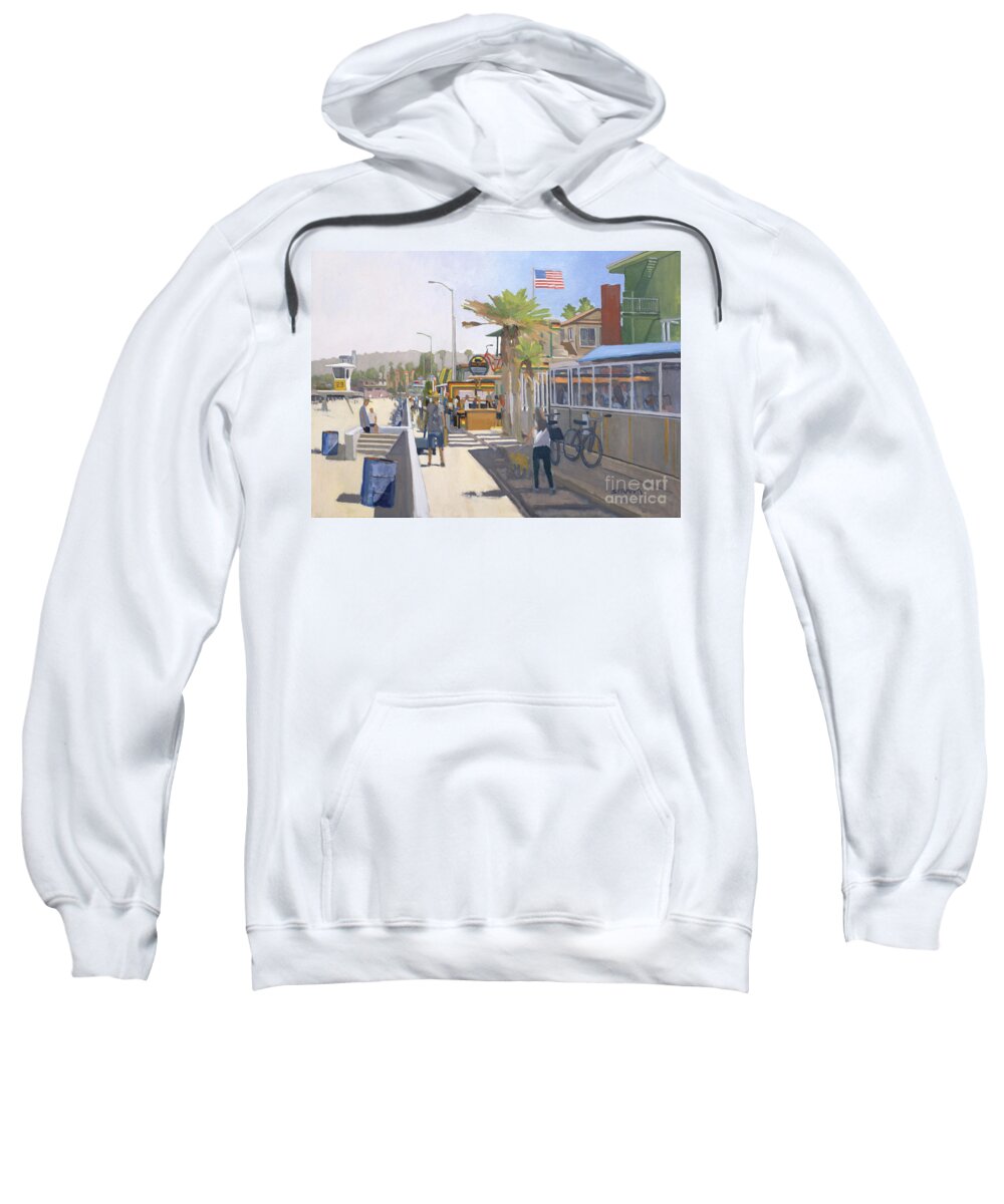 World Famous Sweatshirt featuring the painting World Famous Restaurant and Woody's Breakfast and Burgers - Pacific Beach, San Diego, California by Paul Strahm