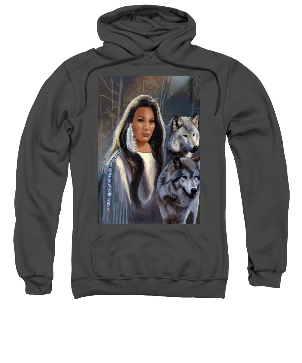 Native American Maiden With Wolves Print Sweatshirt featuring the painting Native American Maiden with Wolves by Regina Femrite