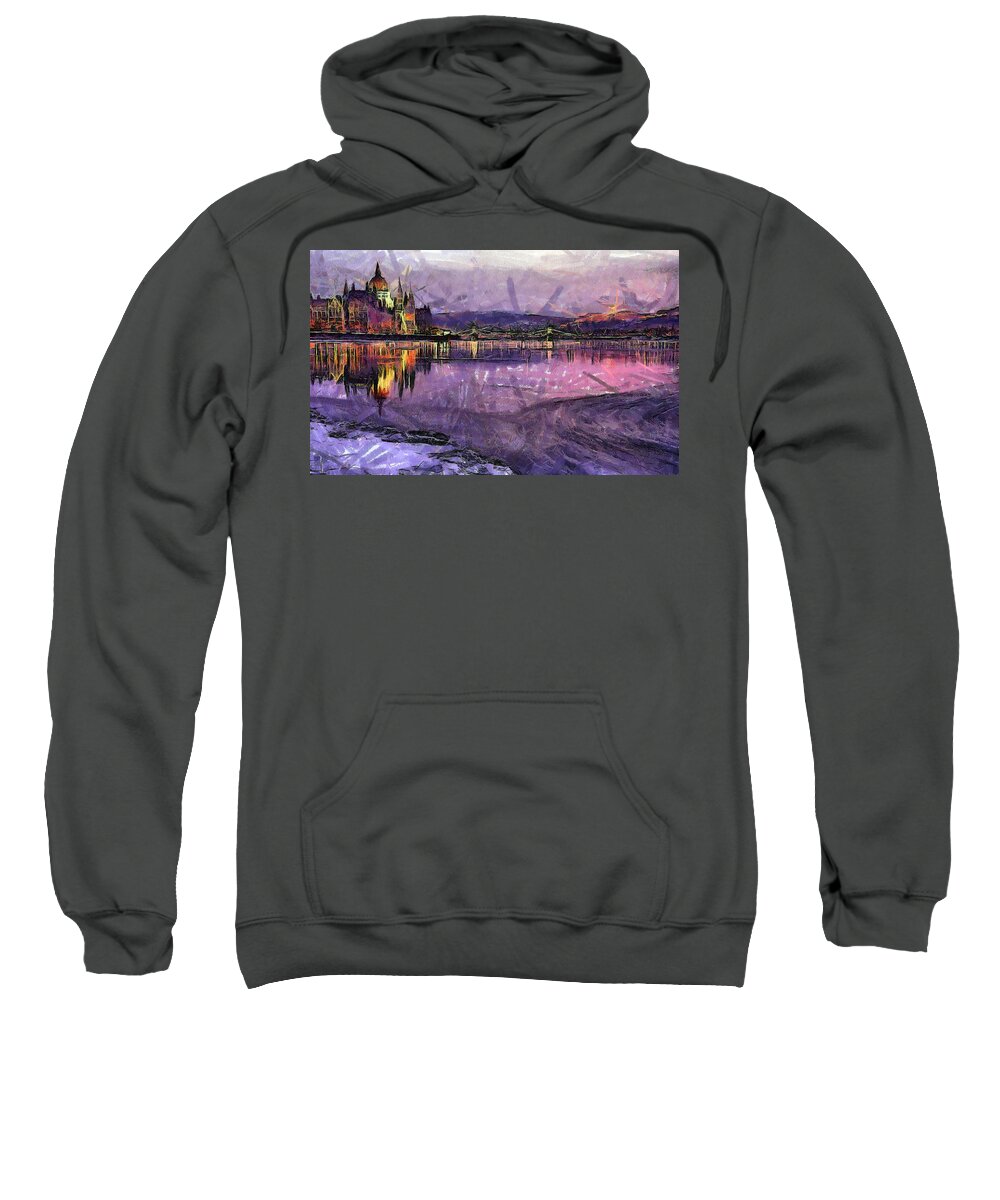 Bridge Sweatshirt featuring the painting Budapest by night #13 by Odon Czintos