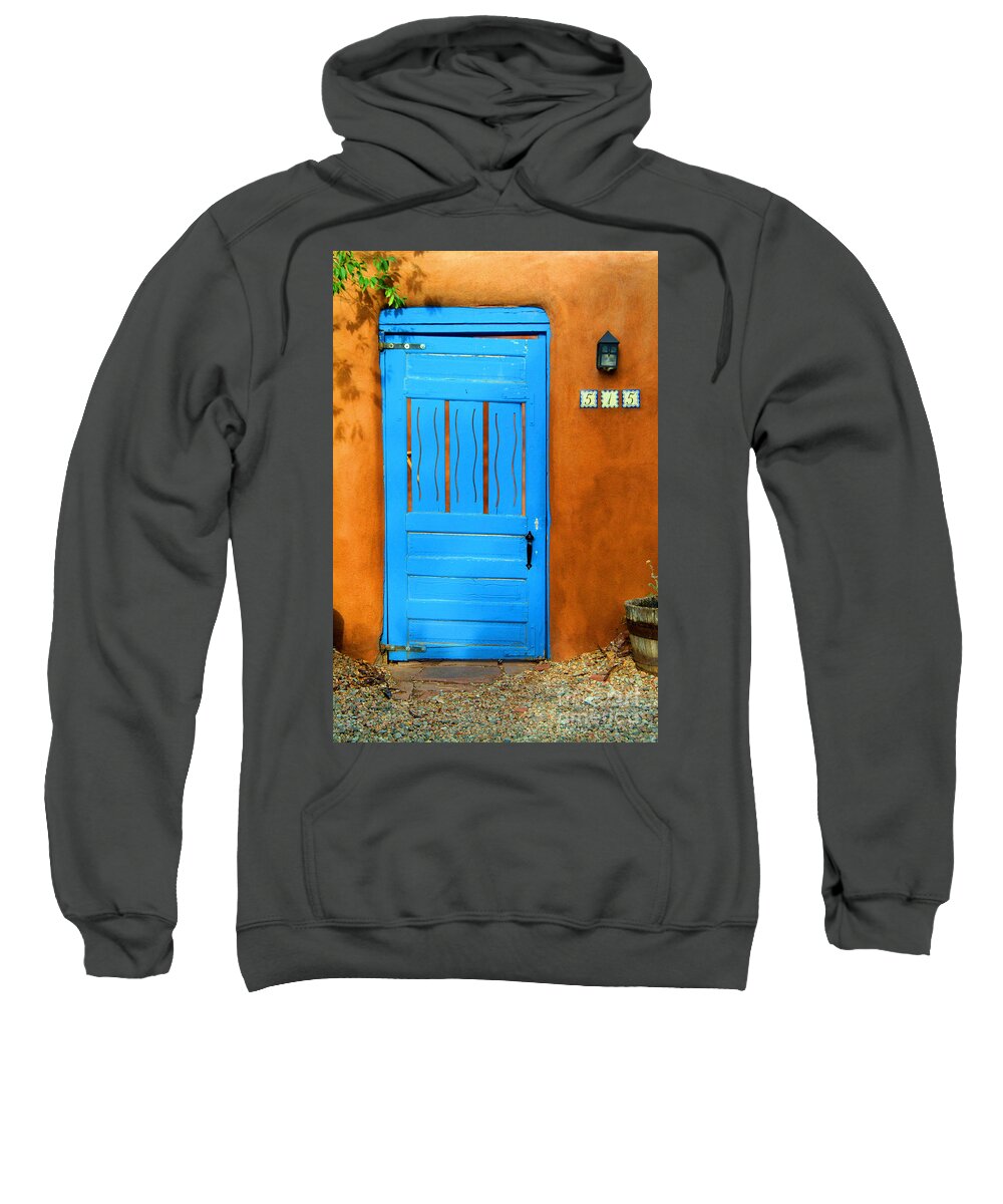 Blue Sweatshirt featuring the photograph Blue Door in Santa Fe by Charlene Mitchell
