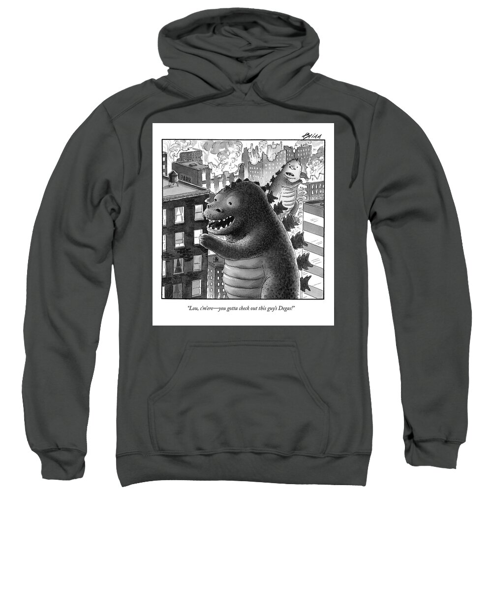 Art Painting Fictional Characters Urban Edgar

(godzilla Talking To Another Monster About The Art In An Apartment Building He Is Rampaging.) 122610 Hbl Harry Bliss Sweatshirt featuring the drawing Lou, C'm'ere - You Gotta Check Out This Guy's by Harry Bliss