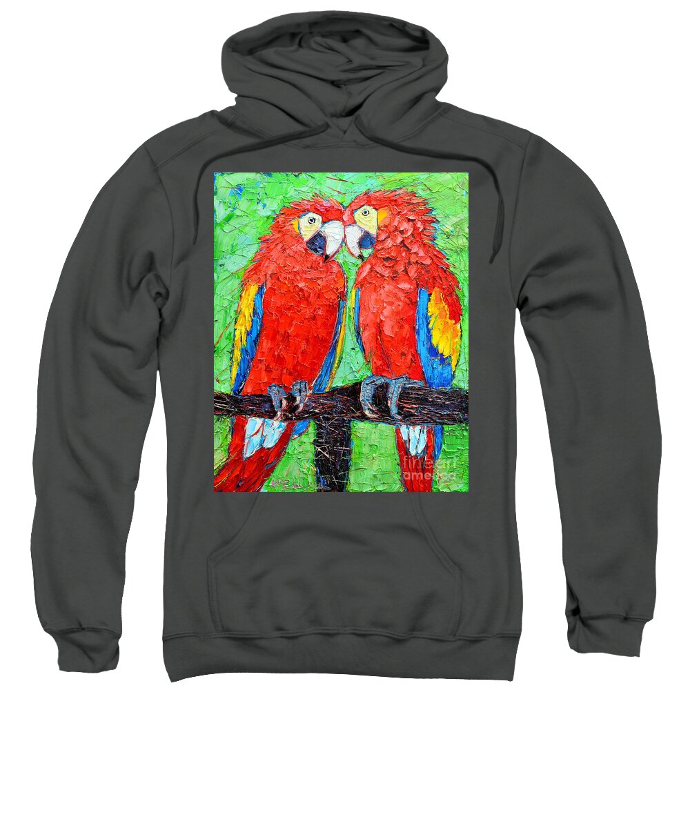 Parrots Sweatshirt featuring the painting Ara Love A Moment Of Tenderness Between Two Scarlet Macaw Parrots by Ana Maria Edulescu