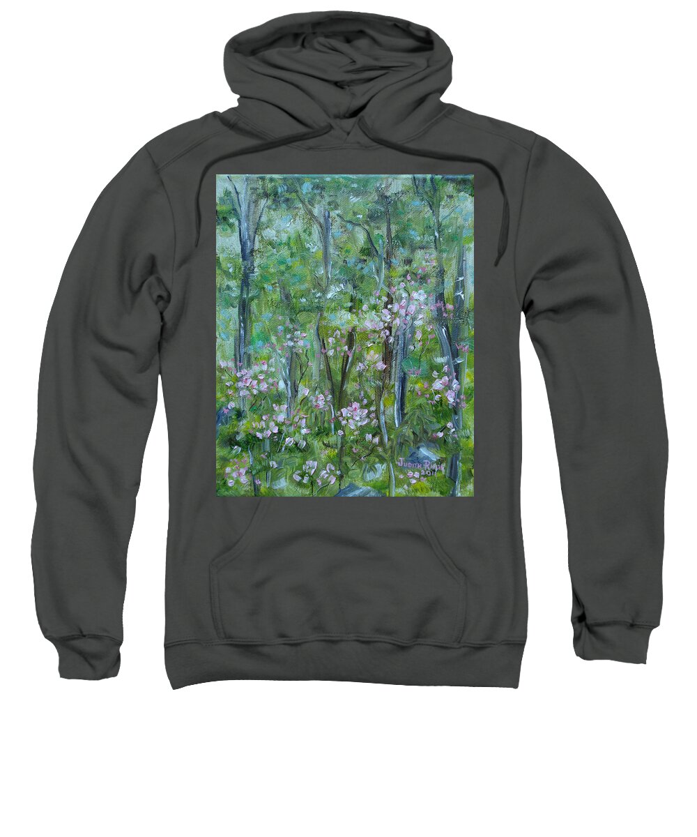 Mountain Laurel Sweatshirt featuring the painting Backyard Mountain Laurel by Judith Rhue