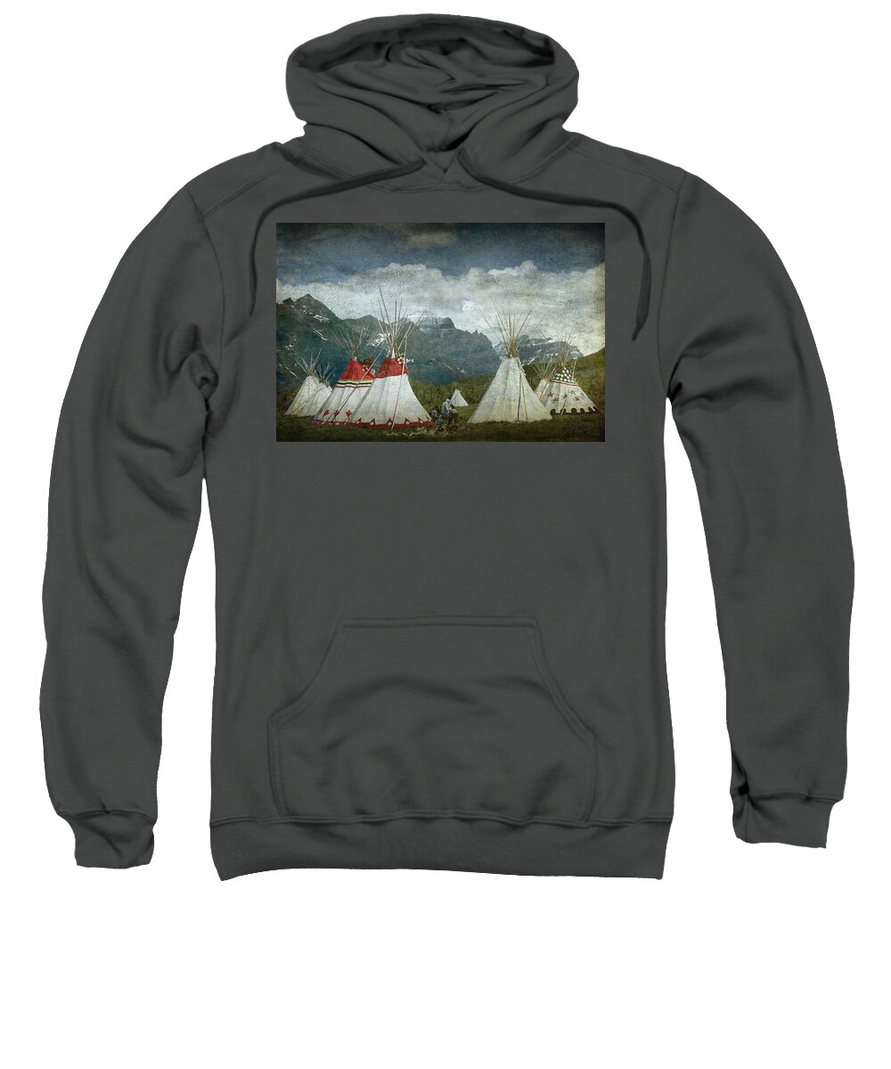 Blackfoot Sweatshirt featuring the photograph Blackfoot Camp at a Summer PowWow at St. Mary by Glacier National Park by Randall Nyhof