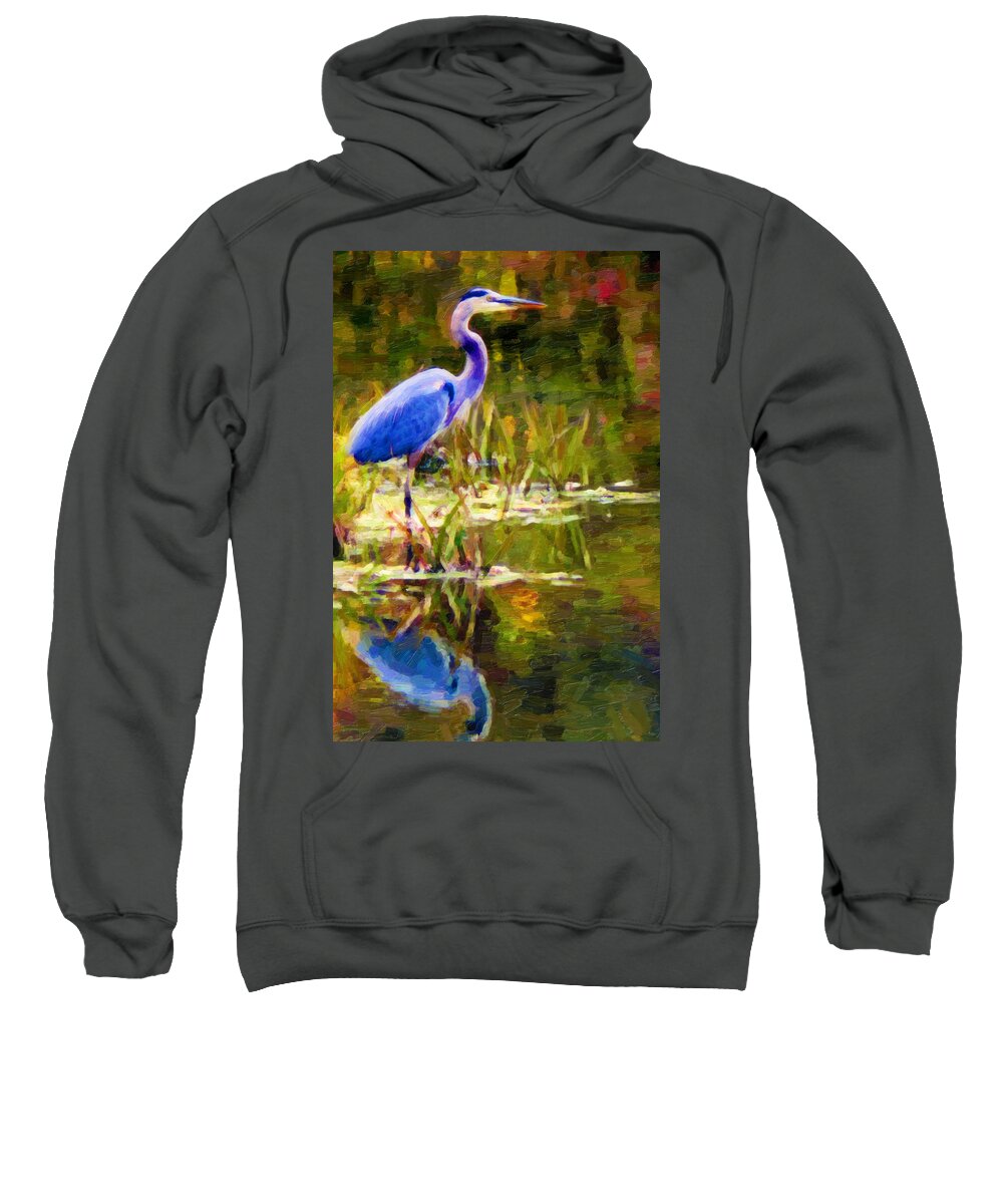 Blue Sweatshirt featuring the digital art Blue Heron by Chuck Mountain