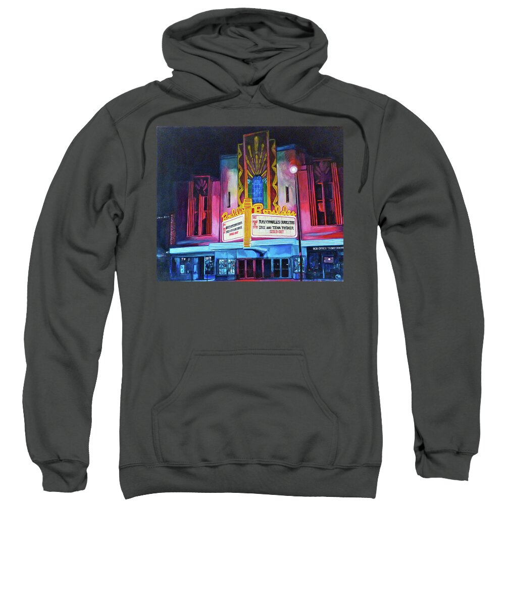 Boulder Theater Sweatshirt featuring the painting Boulder Theater by Tom Roderick