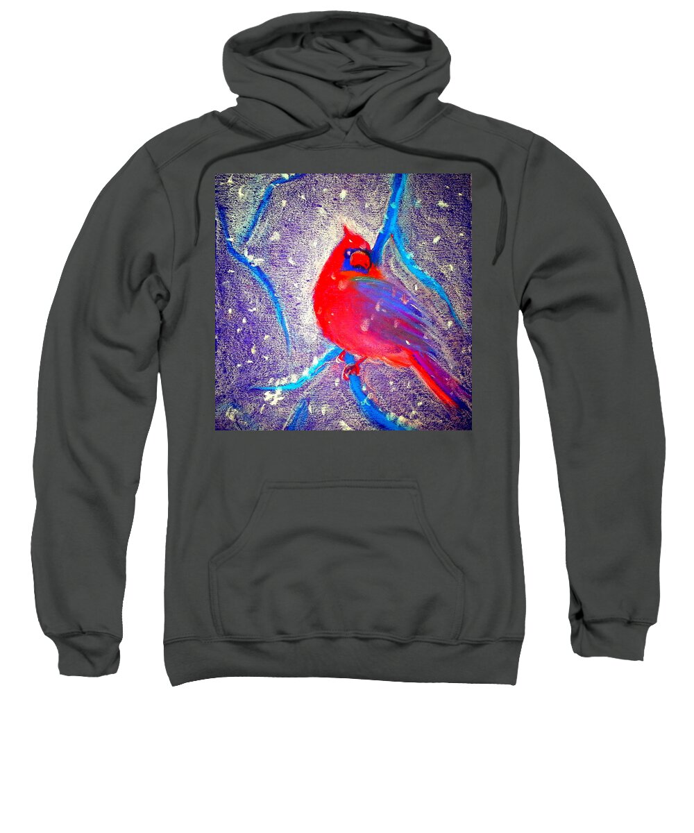 Cardinal In Snow Sweatshirt featuring the painting Cardinal in snow by Sue Jacobi