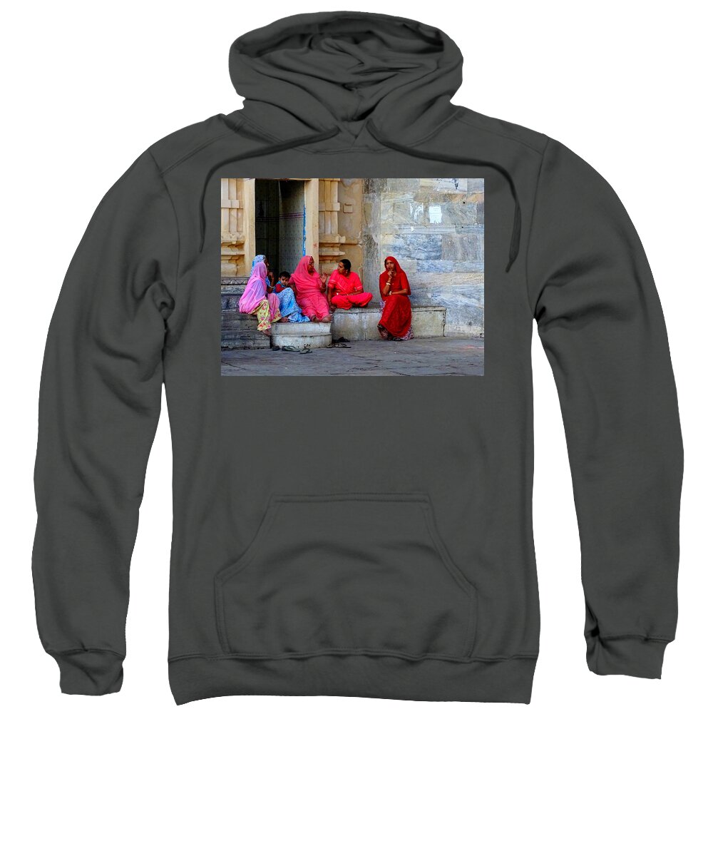 Temple Sweatshirt featuring the photograph Colorful Rajasthani Women in Udaipur Temple India by Sue Jacobi